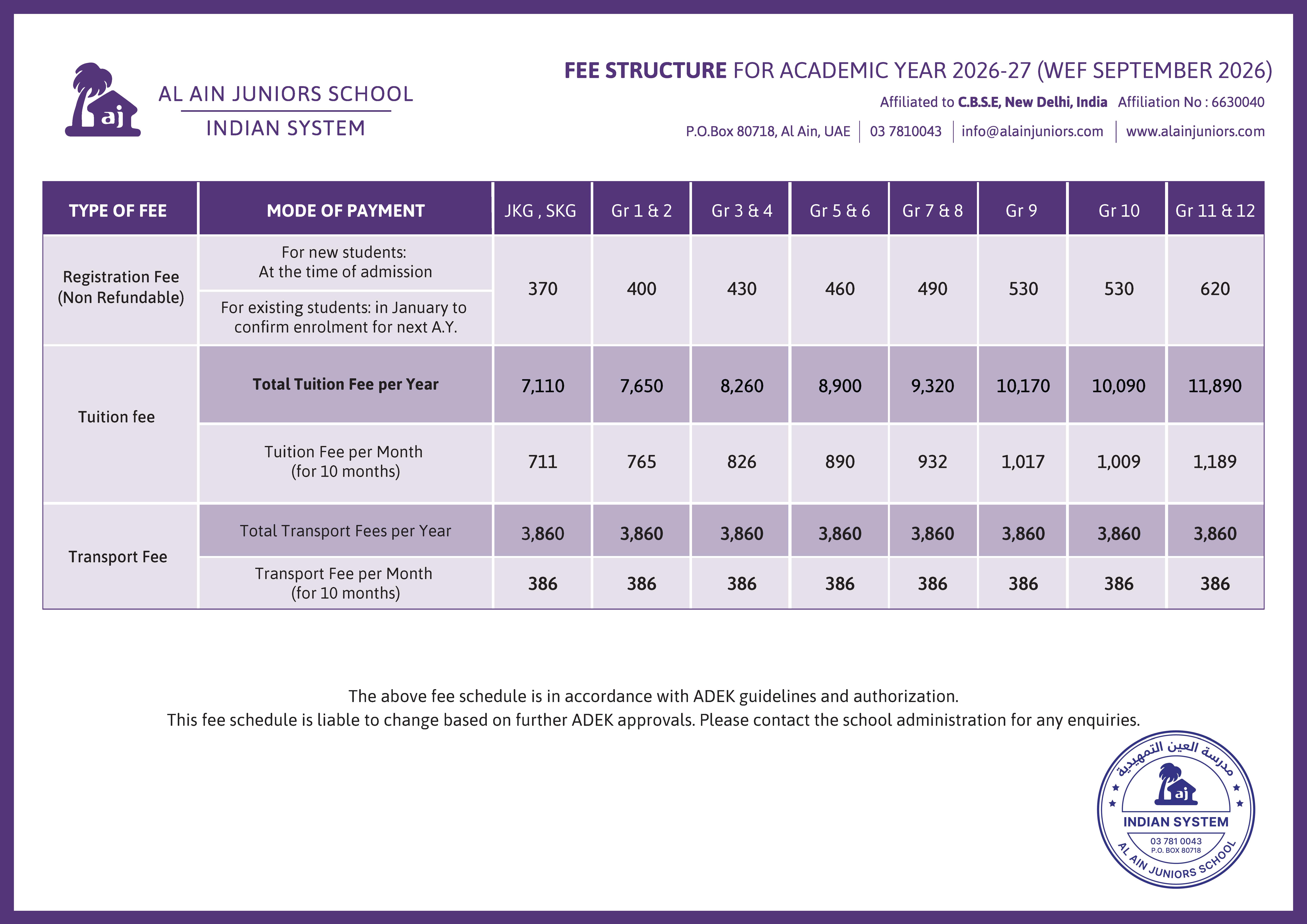 2026 27 AJI Approved Fee Structure 09 07 2026